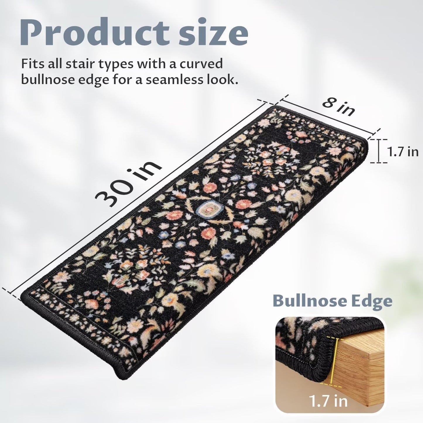 RORA Bullnose Carpet Stair Treads Non-Slip Stair Treads for Wooden Steps,Washable Stair Carpet,Floral Stair Rugs,Runner Indoor Stair Mats for Pets Elder,14pcs,29.5 ''x9.5 ”x1.5 '',Black
