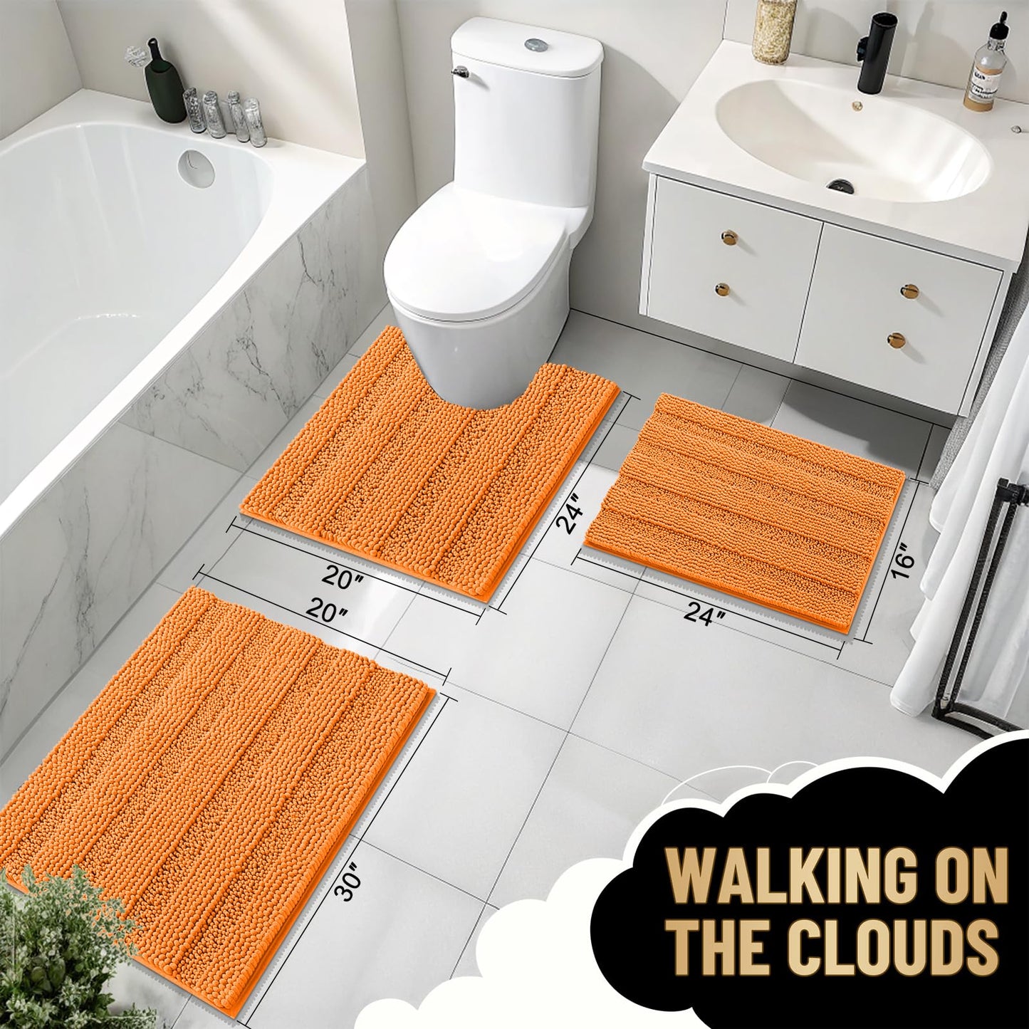 OLANLY Thick Bathroom Runner Rugs 44x24, Extra Absorbent Chenille Striped Bath Rugs, Rubber Backing, Machine Wash Dry, Long Bath Mats for Bathroom Floor, Tub and Shower, Home Decor Accessories, Orange