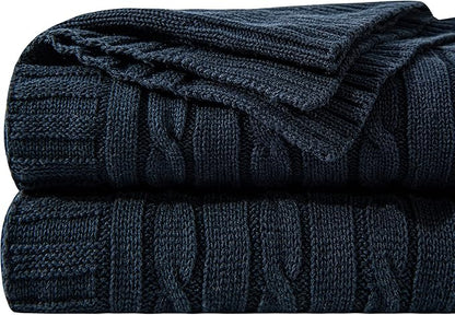 NTBAY 100% Pure Cotton Cable Knit Throw Blanket, Super Soft Warm 51x67 Knitted Throw Blanket for Couch, Sofa, Chair, Bed - Extra Cozy, Machine Washable, Comfortable Home Decor, Navy