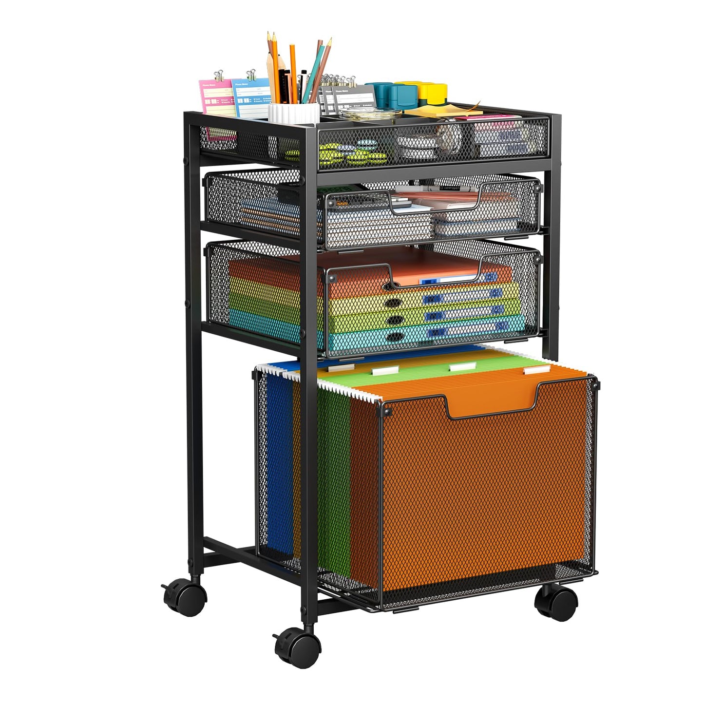 Rolling File Cart with 3 Storage Drawers, Under Desk Filing Cabinet with DIY Divider, Hanging File Folder Organizer on Wheels, Fits A4/Letter Size, Metal Utility Cart for Home Office, Black
