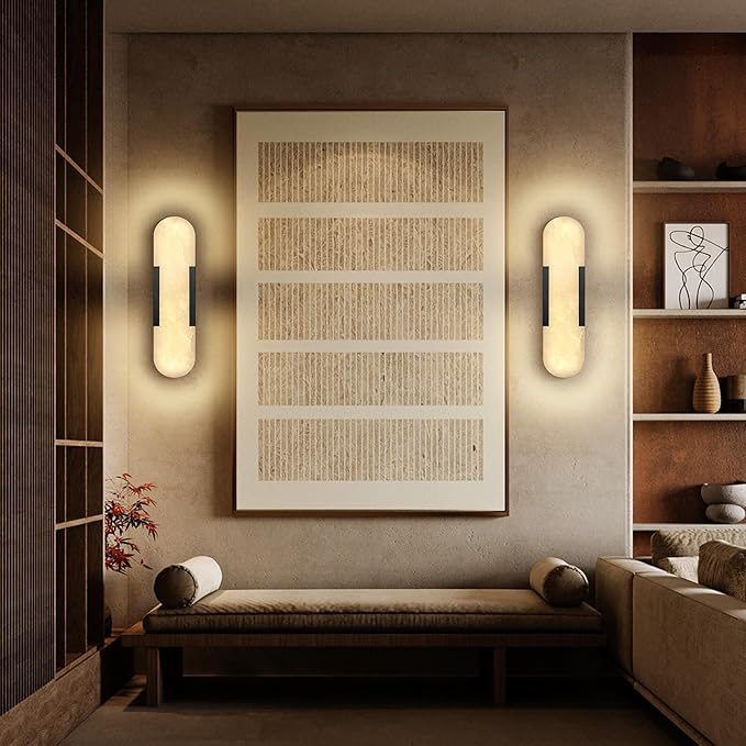 Alabaster Wall Sconces Set of 2,19.7'' Brass Wall Sconce Natural Marble Wall Sconce for Bathroom, Indoor Modern Wall Light Fixtures for Living Room Hallway Stairs Vanity Bedside, Black