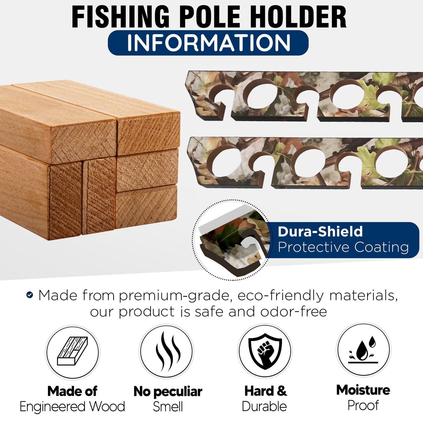 Rush Creek Creations 11 Rod Fishing Pole Holder - Wall Mount Vertical Rack for Garage Organization, Engineered Wood Camouflage Fishing Rod Storage Organizer 27" L x 2.75" W x .65" H
