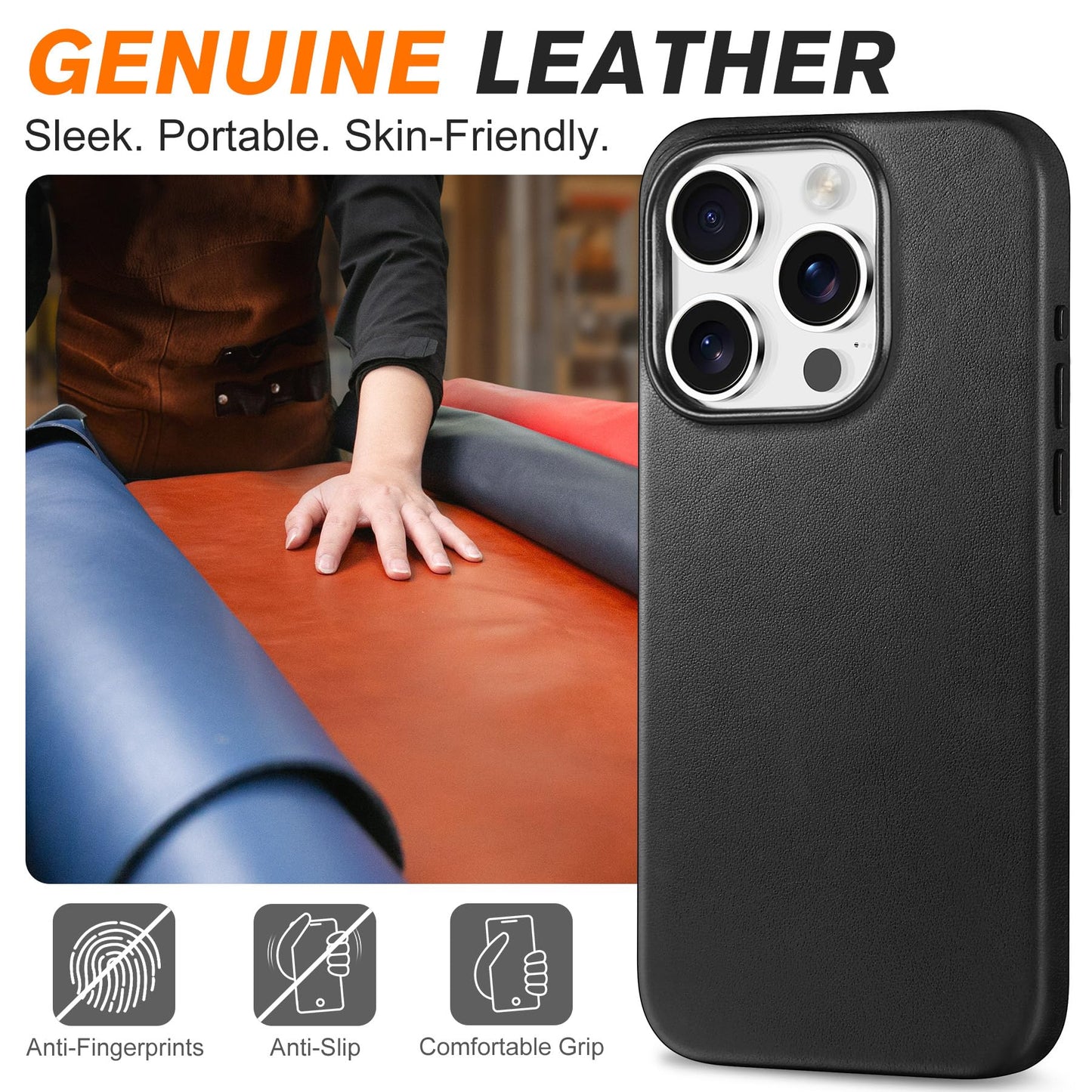 SHIELDON Genuine Leather Case for iPhone 15 Pro 6.1", Magnetic Wireless Charging - Slim Fit - Non-Slip - Metal Buttons - Shockproof Protective Phone Case Compatible with iPhone 15 Pro 2023 - Black