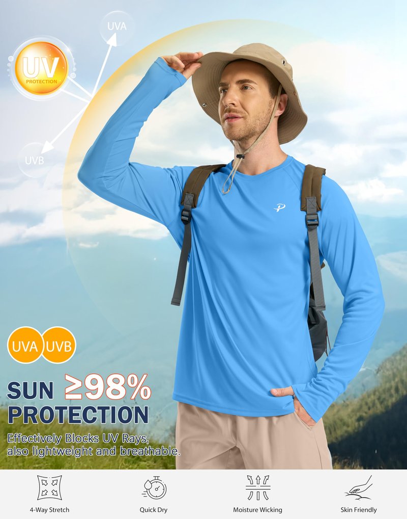Pudolla Mens Sun Protection Shirts UV SPF T-Shirts UPF 50+ Long Sleeve Rash Guard Fishing Running Quick Dry(Sky Blue M)