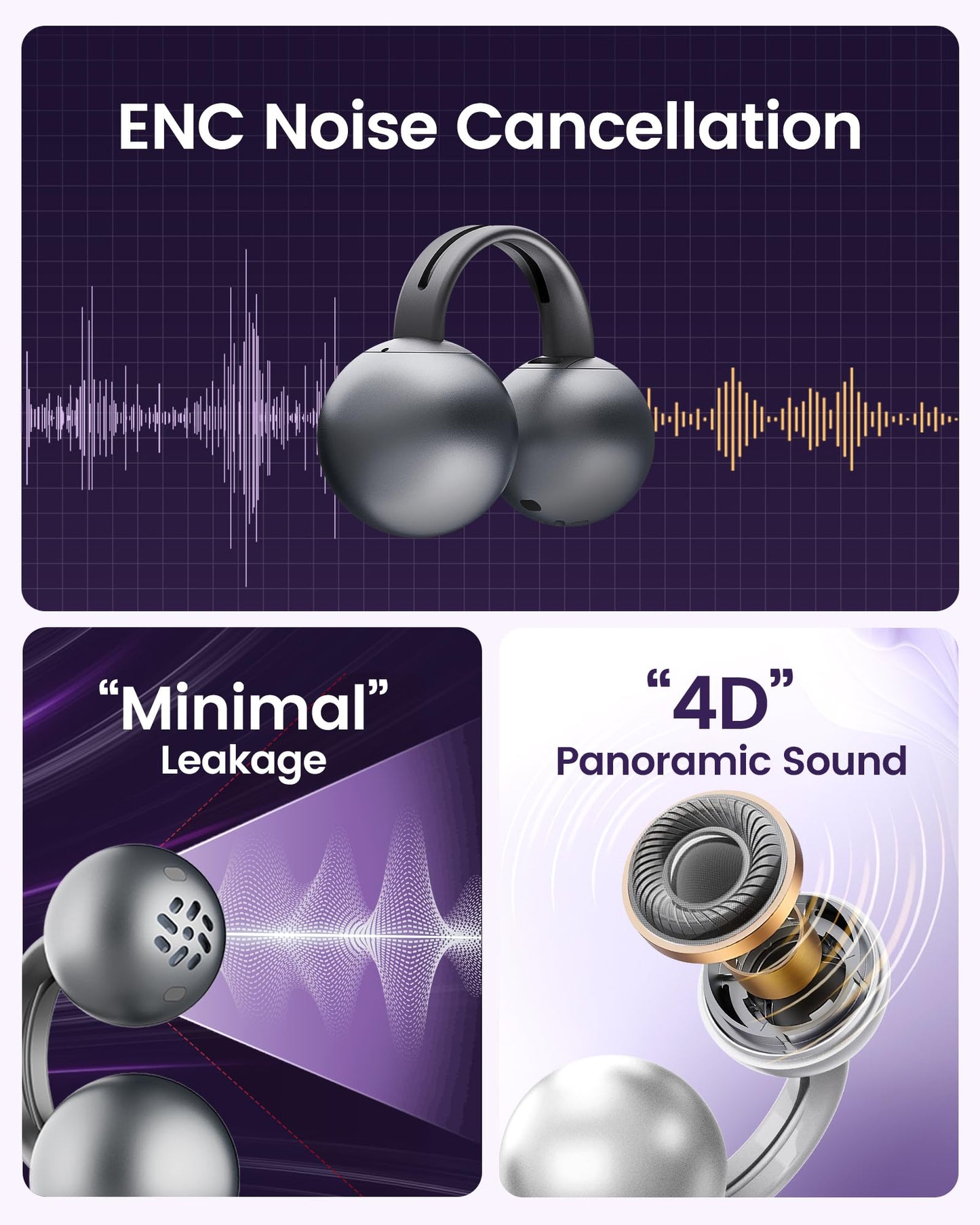 mojawa StarClip Open-Ear Wireless Bluetooth Headphones, Clip-On Earbuds, 4D Panoramic Sound, Clear Calls, Lightweight, Secure Fit, IP54 Water-Resistant Ear Grips for Workout and Daily Use, Silver