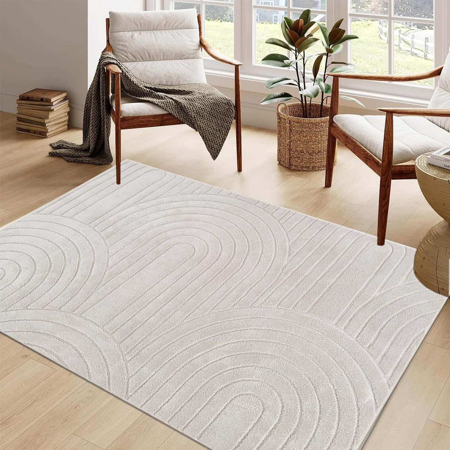 Lacomfy Soft Cozy Fluffy Arch Pattern Area Rug High-Low Pile Living Room Rug Modern Minimalist Throw Carpet - Nonslip, Washable, Soft Bedroom Rug (Stripe,Cream,4x5.3)