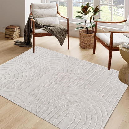 Lacomfy Soft Cozy Fluffy Arch Pattern Area Rug High-Low Pile Living Room Rug Modern Minimalist Throw Carpet - Nonslip, Washable, Soft Bedroom Rug (Stripe,Cream,4x5.3)