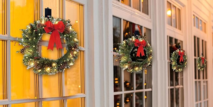 4Pack Solar Christmas Wreath Pre-Lit Solar 50 Led Artificial Wreath Outdoor Front Door Window Christmas Decorations with Frosted Branches Berry Clusters Red Velvet Bows (2401-4pk)