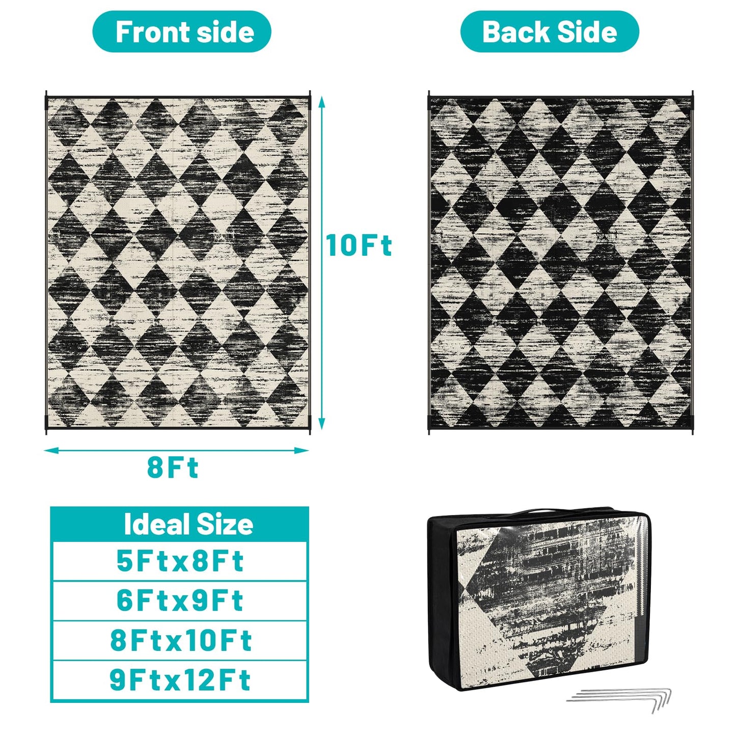 HEBE Checkered Outdoor Rug Waterproof 8x10, Reversible Plastic Straw Rug RV Camping Rug, Indoor Outdoor Patio Mat Clearance, Outside Carpet for Porch, Deck, Camper, Balcony, Backyard, Picnic