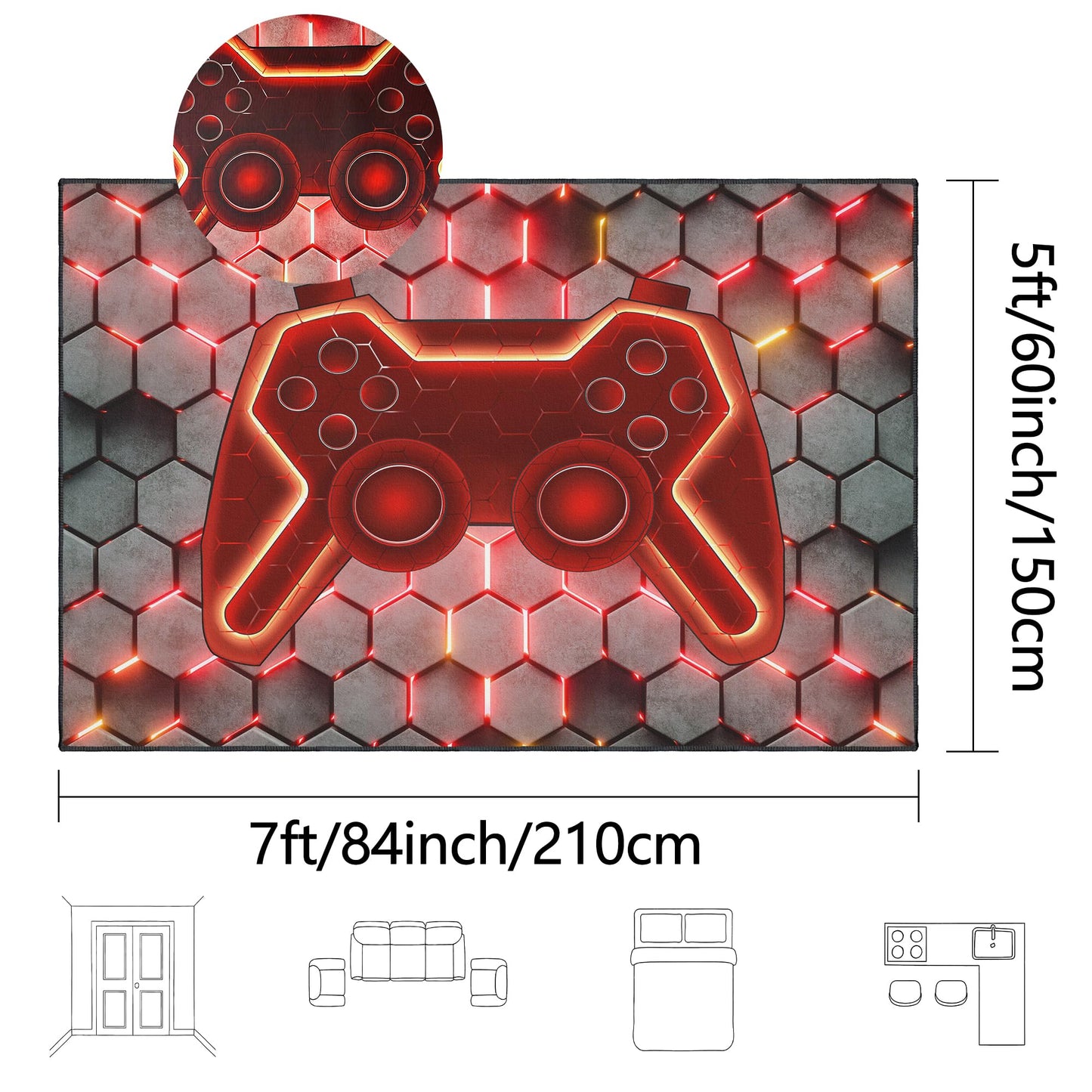 Vesocro Gamer Rug for Room,5x7 ft Non-Slip Cool Gaming Carpet for Bedroom Livingroom and Game Room Rugs Decor