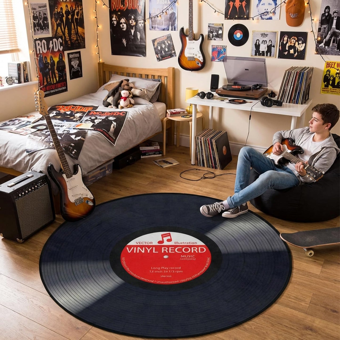 keepcute Music Record Black Round Area Rug for Bedroom Living Room Study Playing,Non-Slip Floor Mat Carpet Home Decor Rugs, 3' Diameter