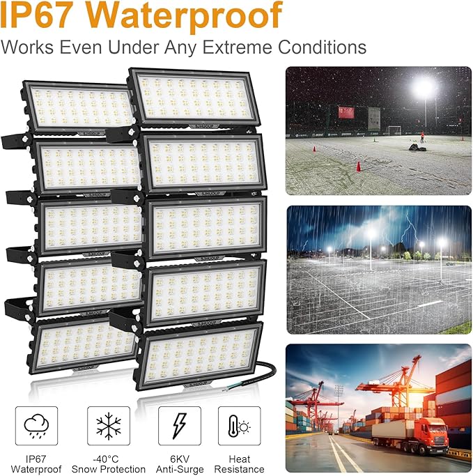 1000W LED Stadium Light Outdoor,130000LM 500W Stadium Lights 2 Pack,6500K Daylight Super Bright Commercial Area Lighting,IP67 Waterproof Adjustable Bracket Arena Lights for Sports Fields,Court