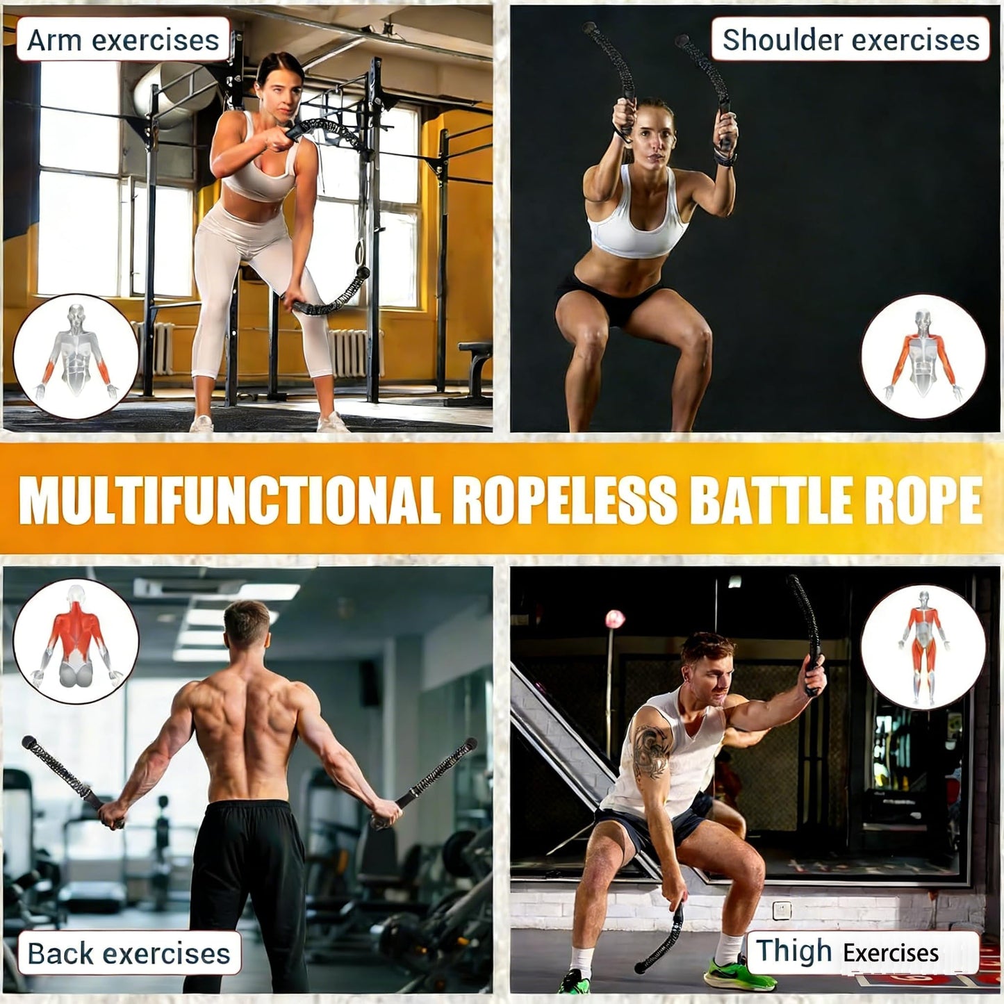 Upgrade Weighted Ropeless Battle Ropes, Workout Exercise Rope for Strength Building, Heavy Duty Quiet Portable Cordless Battle Ropes for Home & Gym, HIIT Aerobic Training for Men & Women Black