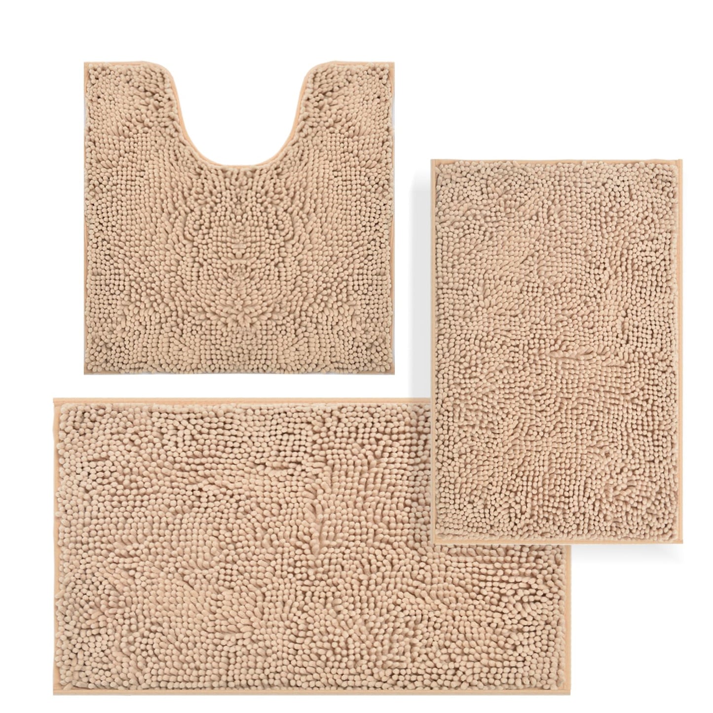Bathroom Rugs Sets 3 Piece,Bath Mats for Bathroom Non Slip, Thick Chenille Bath Rug,Soft and Absorbent Shaggy Bathroom Mat Set, Machine Wash & Quick Dry Durable Carpet for Bath, Kitchen,Beige