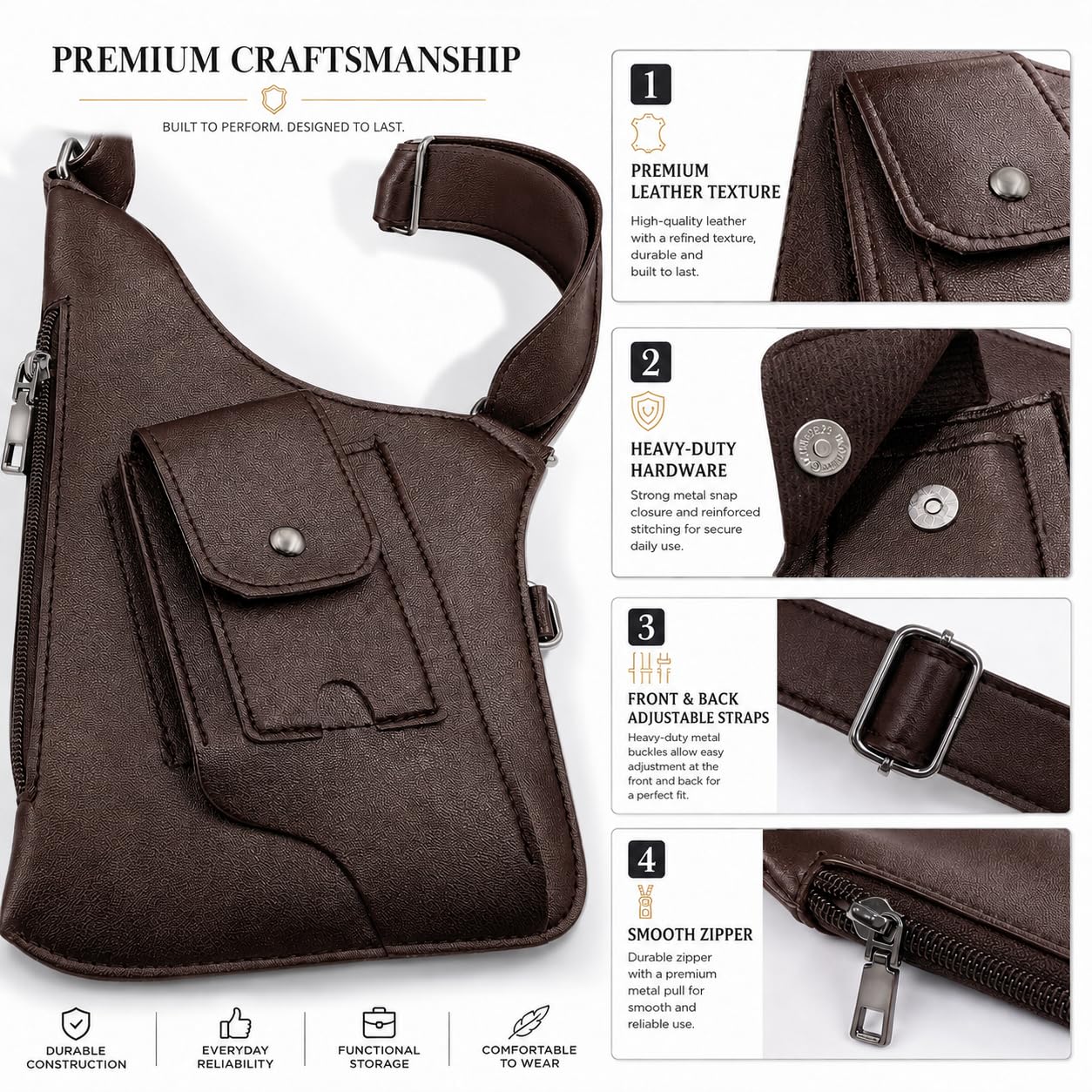 Double Shoulder Armpit Bag for Men, Anti-Theft Underarm Shoulder Bag, Adjustable Armpit Bag, Multi Pocket Crossbody EDC Bag for Travel Everyday Carry, Fits Up to 6.2" Phones (Slim Fit), Brown