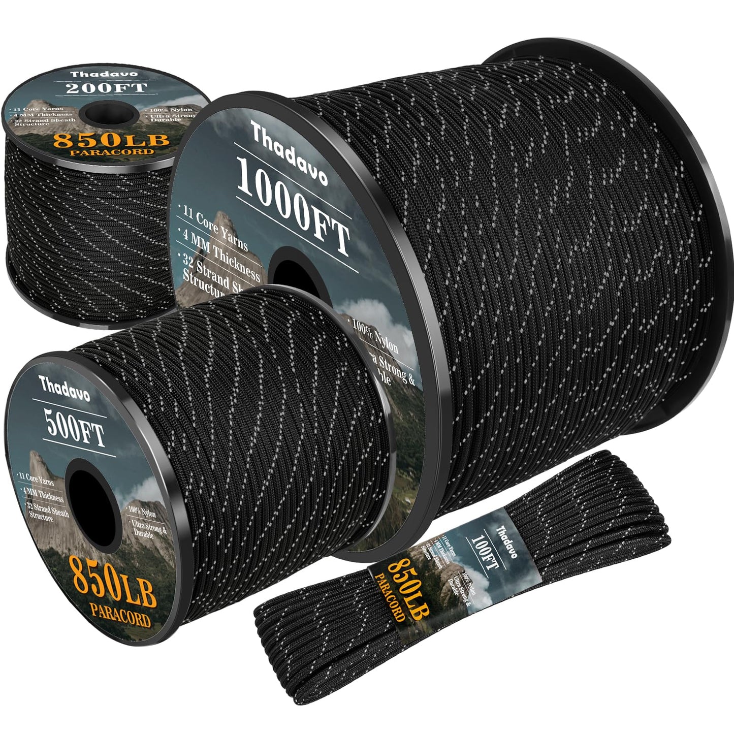 Thadavo Reflective Paracord Rope 850Ib, 50/100/200/500/1000ft 4MM 11 Strand para Cords Lanyard Utility Parachute Cord for Tent Camping Hiking Fishing Survival Tactical DIY Projects, Black 1000FT