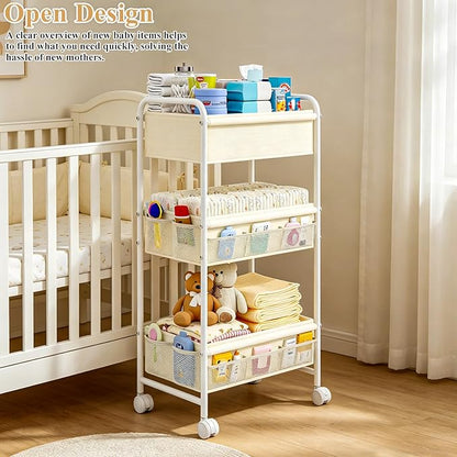 3-Tier Baby Diaper Caddy Cart Organizer,Mobile Nursery Storage Carts with Wheels,With 2 Dividers&14 Mesh Pockets Durable Metal Utility Cart for Nursery, Bedroom, Bathroom, Baby Essentials Organization