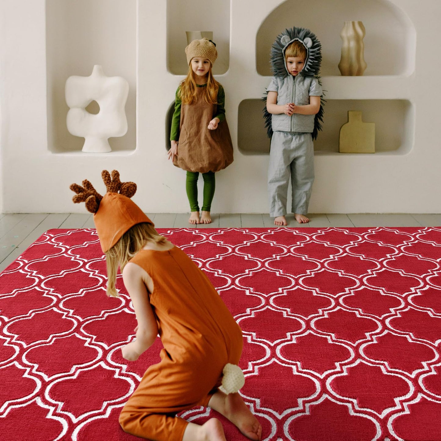 Amearea Fluffy Indoor Area Rug, Soft Trellis Moroccan Rugs for Bedroom, Shag Modern Area Rug for Living Room Kids Room Nursery, Easy Clean, Home Decor Low Pile Carpet, Wine Red 7x10 Feet