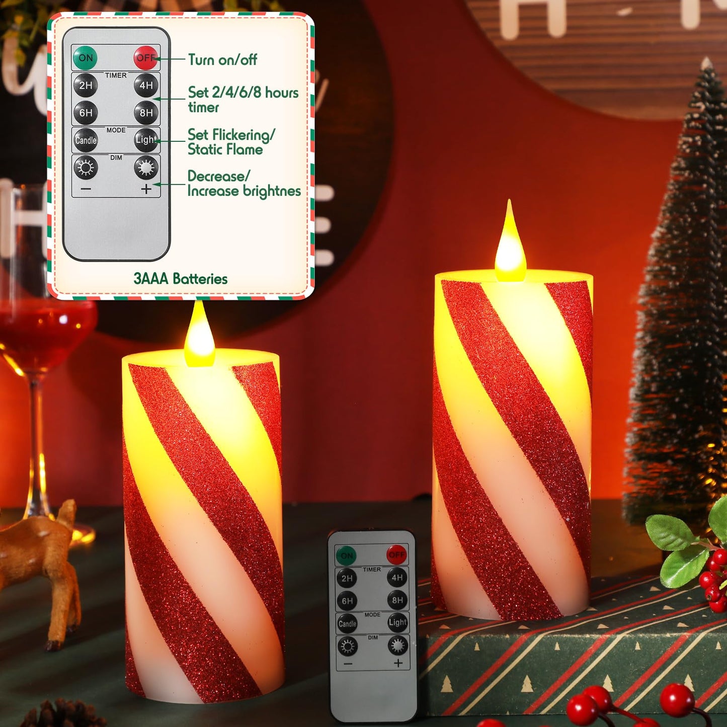 Retisee 2 Pcs Stripe Flameless Pillar Candles with Remote Timer Candle Striped Flickering LED Real Wax Battery Operated Fake Candle Glitter Stripe Pillar for Home Decor(3" X 6",Red)