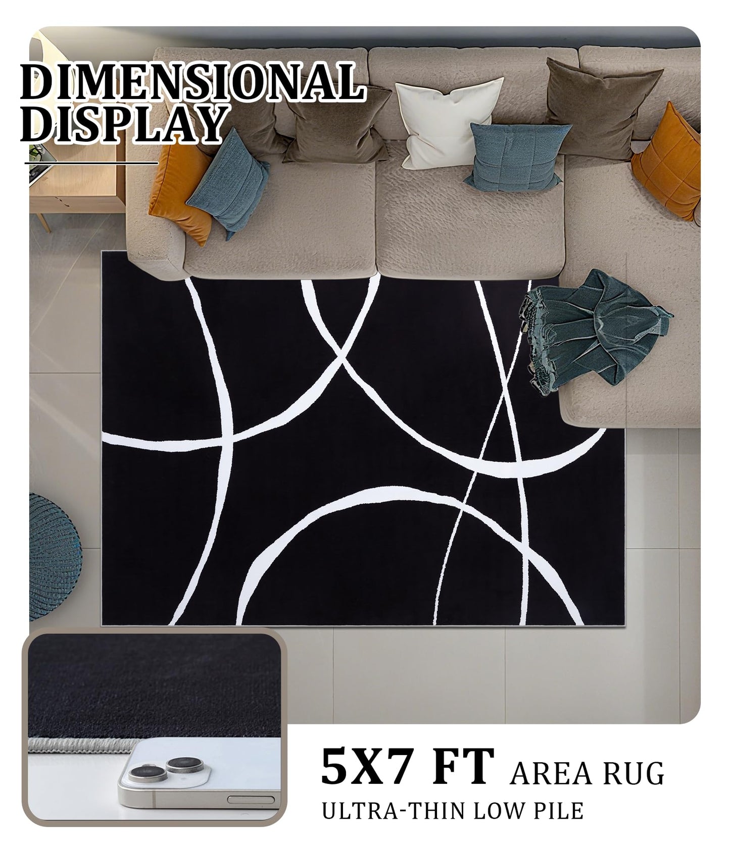 YIHOUSE Modern Washable Area Rug for Living Room Bedroom - Large Abstract Black and White Rug Non-Slip Ultra-Thin Home Decor (Dark Curve, 5'x7'ft)