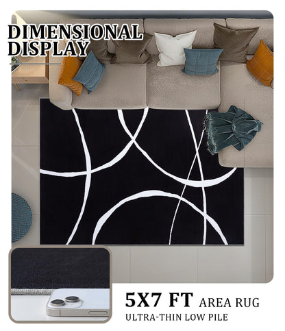 YIHOUSE Modern Washable Area Rug for Living Room Bedroom - Large Abstract Black and White Rug Non-Slip Ultra-Thin Home Decor (Dark Curve, 5'x7'ft)