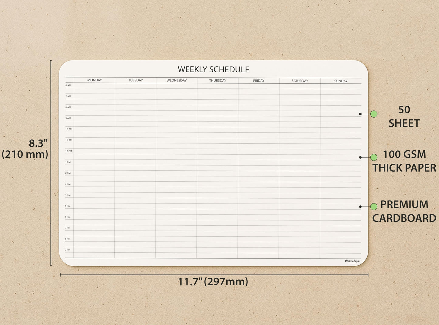 Schedule Pad, Tear Off Undated Weekly Planner Notepad, A4 Size (8,3" X 11,7"), Premium Thick Paper with Cardboard Back Support, Weekly Desk Planner by CLEVER SIGNS