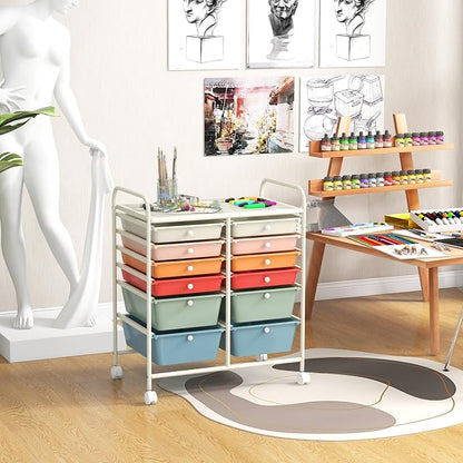LDAILY 12 Drawer Rolling Storage Cart, Craft Cart Organizer on Wheels w/Metal Frame, Large Capacity & Smooth Drawer, Rolling Cart w/Drawers for Classroom, Office