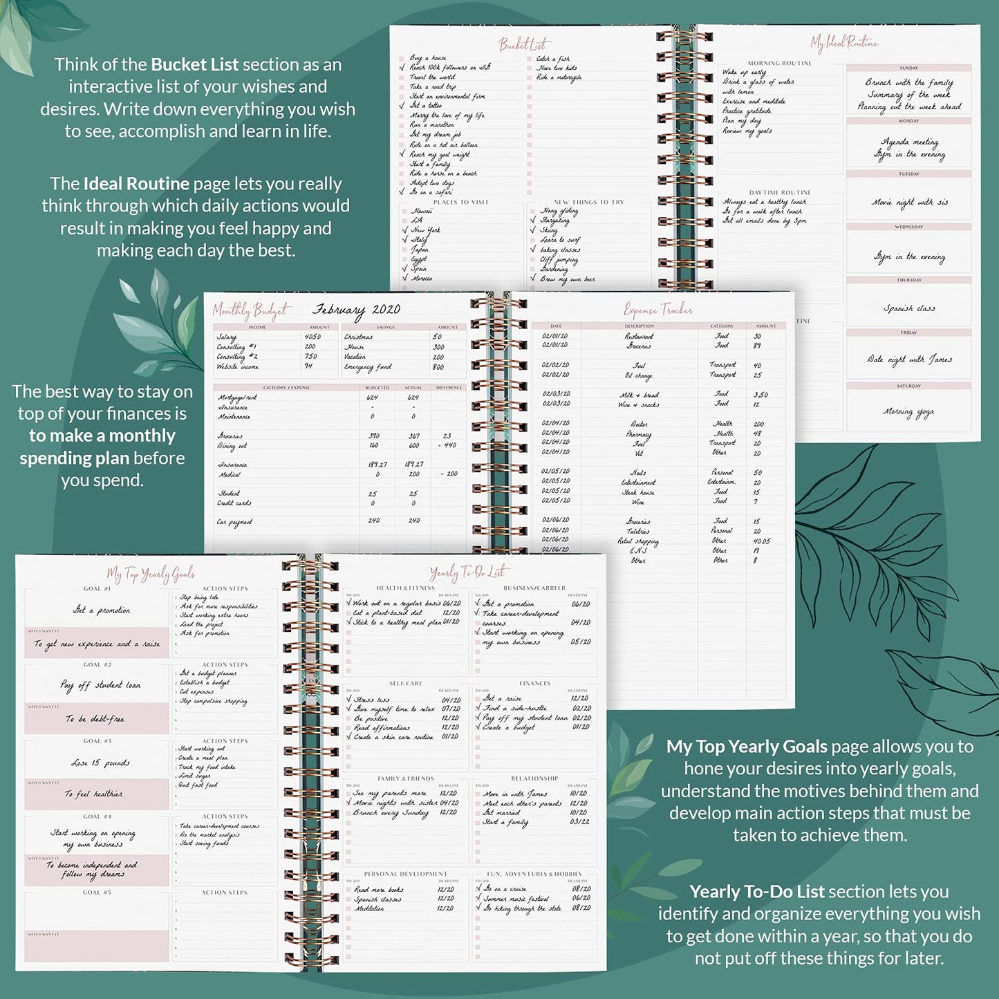 PLANBERRY Hourly Schedule Planner Premium – Undated Weekly Organizer with Time Slots & Monthly Budget – Time Management, Goal Setting, to-Do List & Habit Tracker –6.9″x8.5″(Green Pastures)