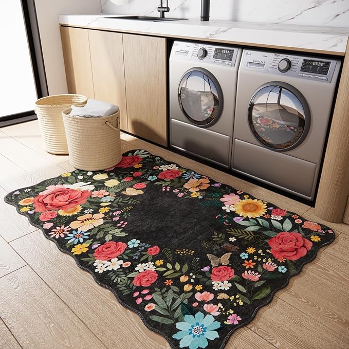 Washable Entryway Small Area Rugs: Door Mat Indoor Entrance 3x5 Floral Rug Ultra Thin Stain Resistant Non Slip Low Pile Lightweight Carpet for Kitchen, Front Door, Kids Room Decor (Black)