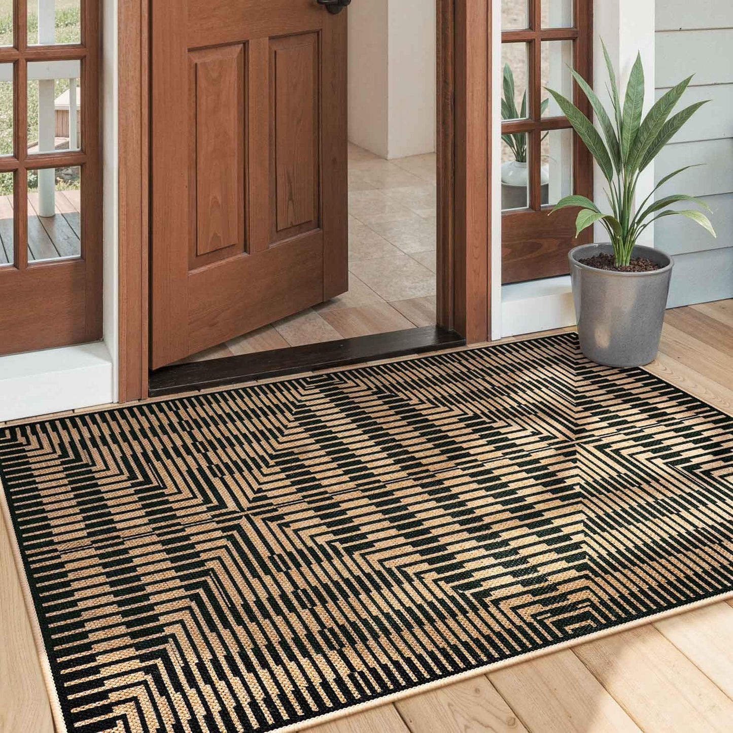 LIVEBOX Easy Jute 3x5 Outdoor Rug, Washable Non Slip Front Door Porch Rugs, Neutral Black Striped Accent Carpet Mat for Entryway, Mudroom (Black & Tan)