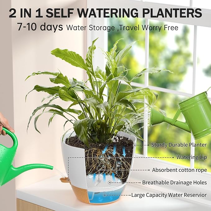 ZMTECH 8/9/10 Inch Self Watering Plant Pots with Watering Lip, Planters with Drainage Holes and Removable Saucer, Plastic Flower Pots for Indoor Outdoor Plants (3 Pack,White)