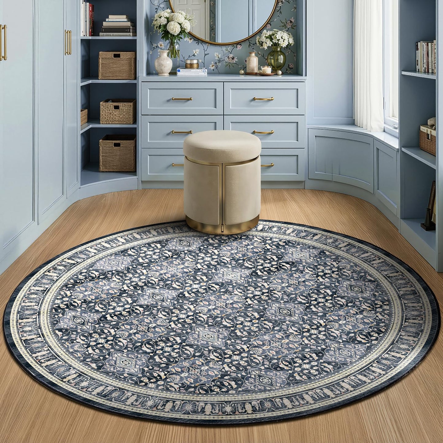 Jainmy Dark Blue Round Rugs 6ft for Living Room, Washable Non Slip Low Pile 6 Feet Circle Rug for Dining Room Kitchen, Boho Moroccan Floral Trellis 6x6 Round Carpet for Bedroom Home Office