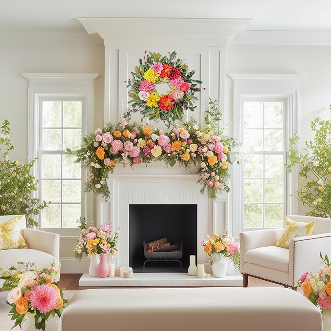 24" Dahlia Spring Summer Wreath with Rose, Peony and Green Leaves, Colorful Artificial Flower Wreath for Front Door Home Wall Wedding Farmhouse Holiday Outdoor Indoor Décor
