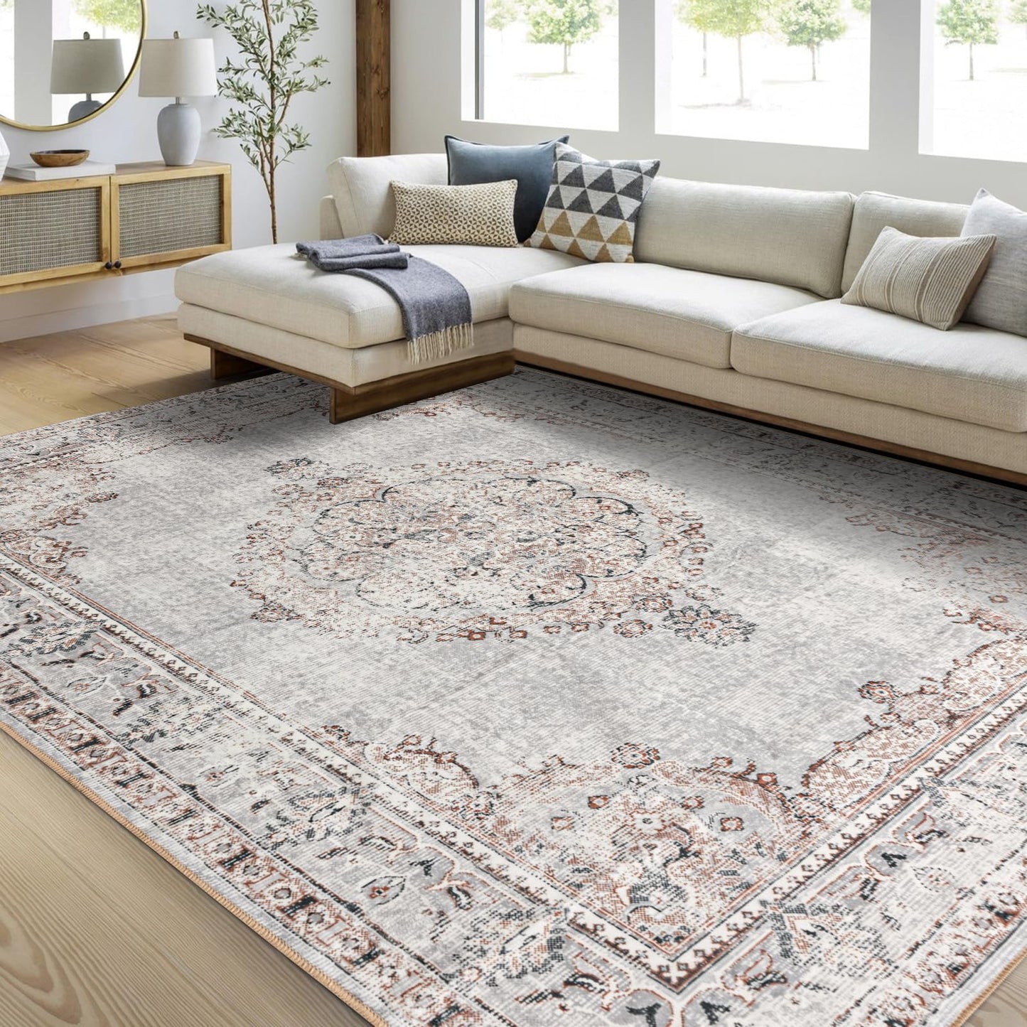 Easy-Going Area Rug 6x9 Washable Boho Rugs for Living Room Non-Slip Bedroom Rug Low Pile Lightweight Vintage Distressed Throw Rug for Dining Room Kitchen Home Office Carpet, Grey Brick