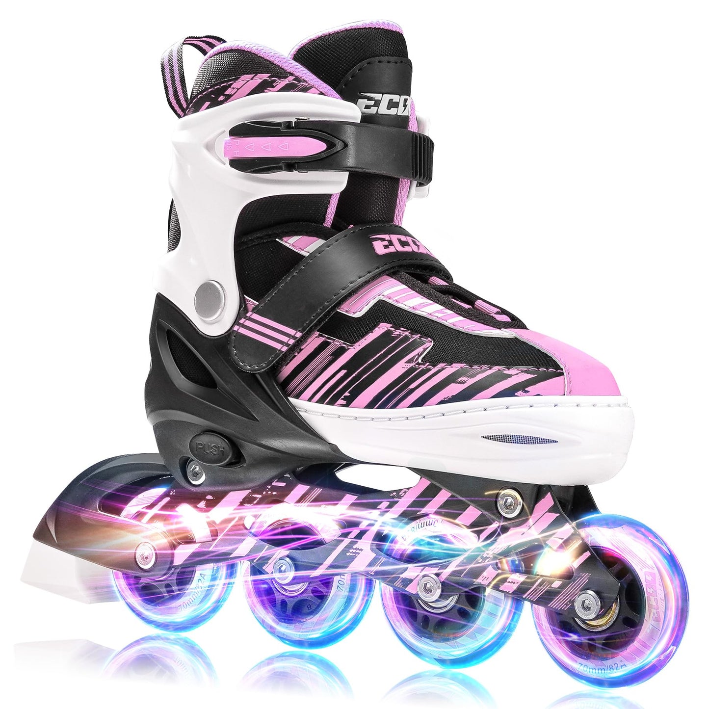 ECOO Adjustable Inline Skates Boys and Girls with Light up Wheels，Roller Skates for Kids Ages 4-12, Teen Skates for Beginner Outdoor and Indoor (Pink, Large-Youth（3-6 US）)