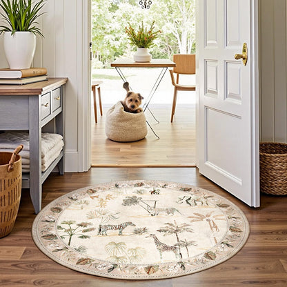 jinchan Round Rug 5ft Beige Jungle Animals Print, Machine Washable 5' Circle Modern Soft Non-Slip Forest Plant Throw Area Rug, Ultra-Thin Low Pile Carpet for Entryway Bedroom Kitchen Kids Room