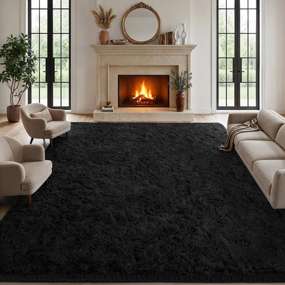 Area Rugs 9x12 Living Room Bedroom: Soft Fluffy Shag Rugs Upgrade Non-Slip High Pile Carpet Large Fuzzy Plush Indoor Floor Shaggy Carpets for Nursery Kid Playroom Office Dorms Home Decor Black