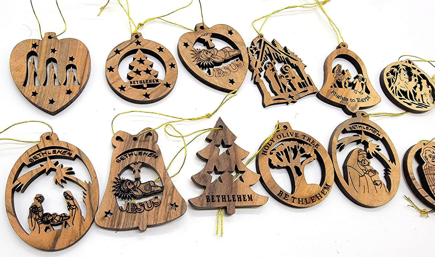 Zuluf 12-Piece Olive Wood Ornament Collection - Authentic Nativity & Bethlehem Star Designs, Religious Christian Christmas Tree Adornments