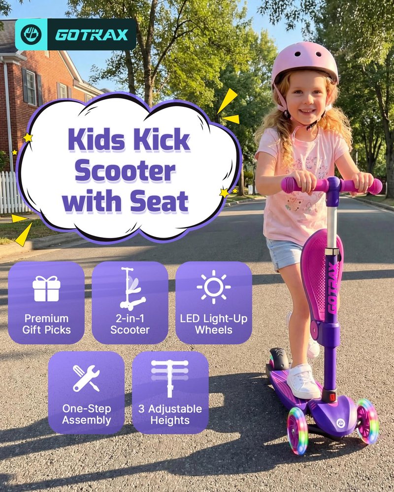 Gotrax KS3 Kids Kick Scooter, LED Lighted Wheels, Adjustable Height Handlebars and Removable Seat, Lean-to-Steer & Widen Anti-Slip Deck, 3 Wheel Scooter for kids Ages 2-8 and up to 100 Lbs (Purple)
