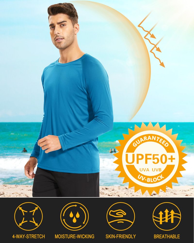 MAGCOMSEN Quick Dry Shirts for Men UPF 50 Long Sleeve Athletic T-Shirt UV Protection Shirts Workout Gym Shirts Outdoor Shirts Blue Green