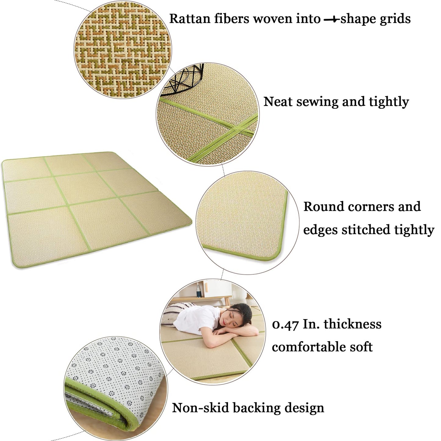 Nisorpa 71'' x 71'' Japanese Tatami Mat Igusa Tatami Mattress 0.47'' Thick Japanese Floor Mattress Rattan Non-Slip Breathable Memory Foam Area Rug Bedroom Mat, Green