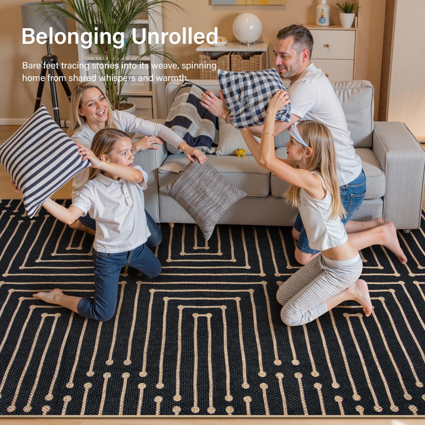 Lahome Maze Lines Easy Jute Washable Runner Rug, 2x8 Kitchen Runner Rug for Hallway, Non Slip Indoor Outdoor Rugs for Entryway Indoor, Black Low Pile Front Door Carpet for Laundry