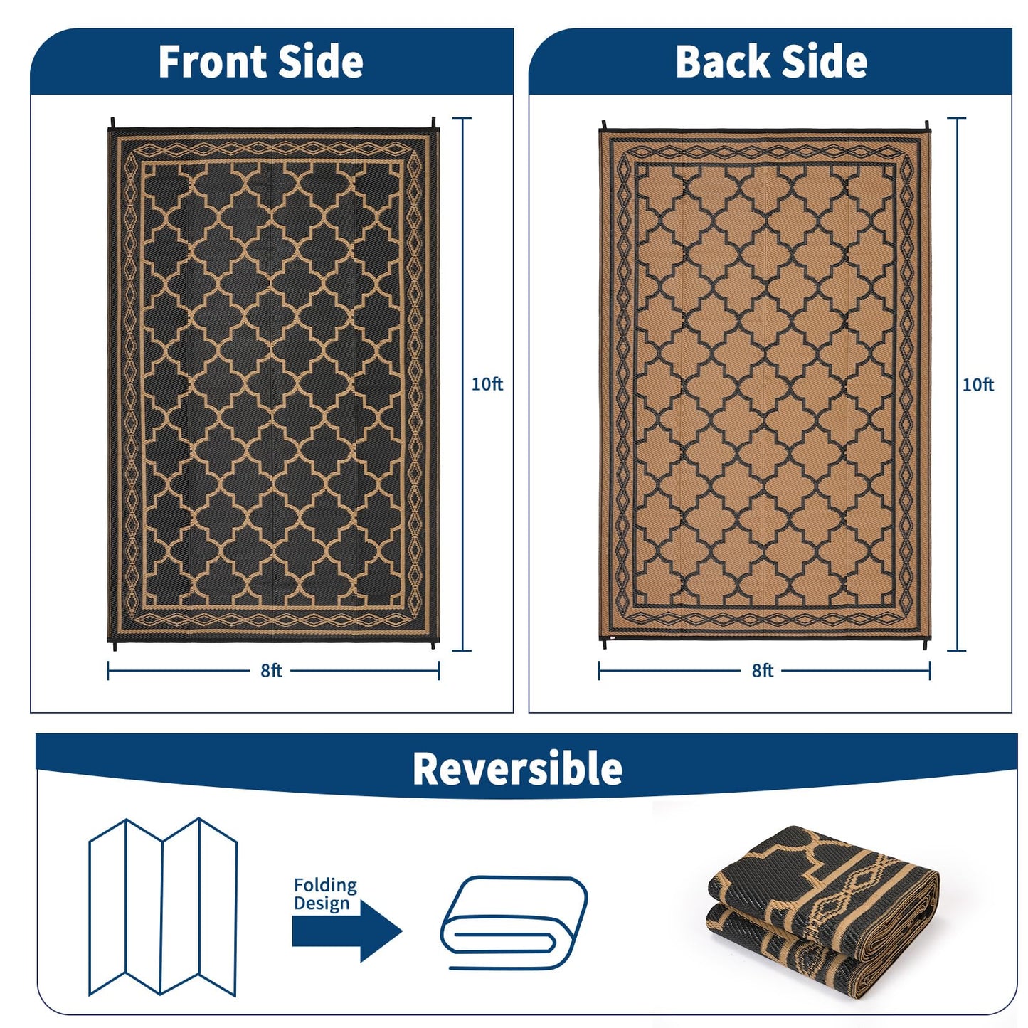 GlowSol Outdoor Rug Waterproof 8x10 ft Reversible Outdoor Plastic Straw Patio Rugs,Foldable Camping Rug with Carry Bag, RV Mat Outside Rugs for Patio,Picnic,Balcony,Deck,Backyard,Pool, Black/Brown