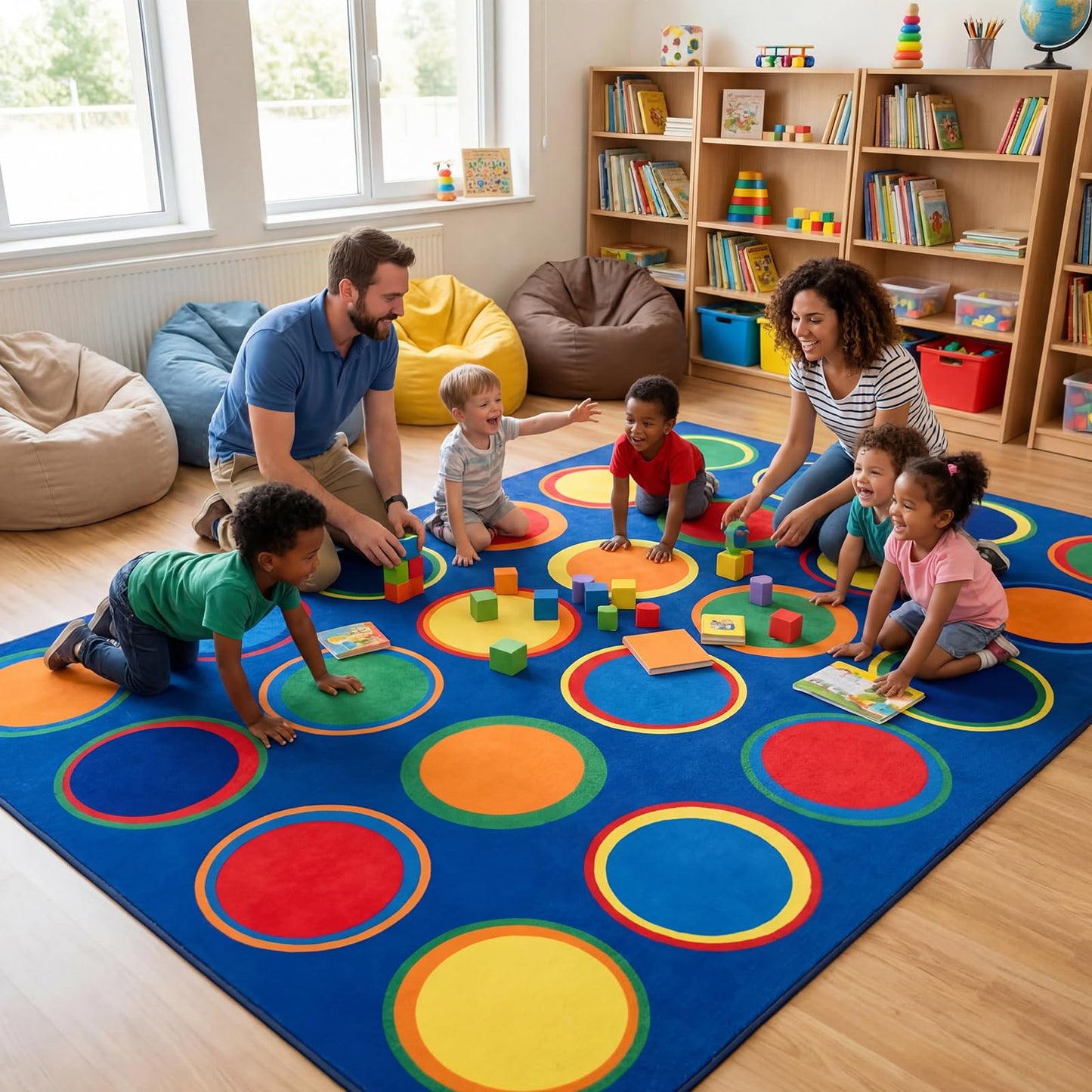 Breling Classroom Carpets Playmat Rugs with Spots, 6x9 ft 24 Seat Classroom Kids Circle Time Learning Area Rugs, Colorful Dot Children's Nursery Sitting Play Mat for Preschool Kindergarten Daycare