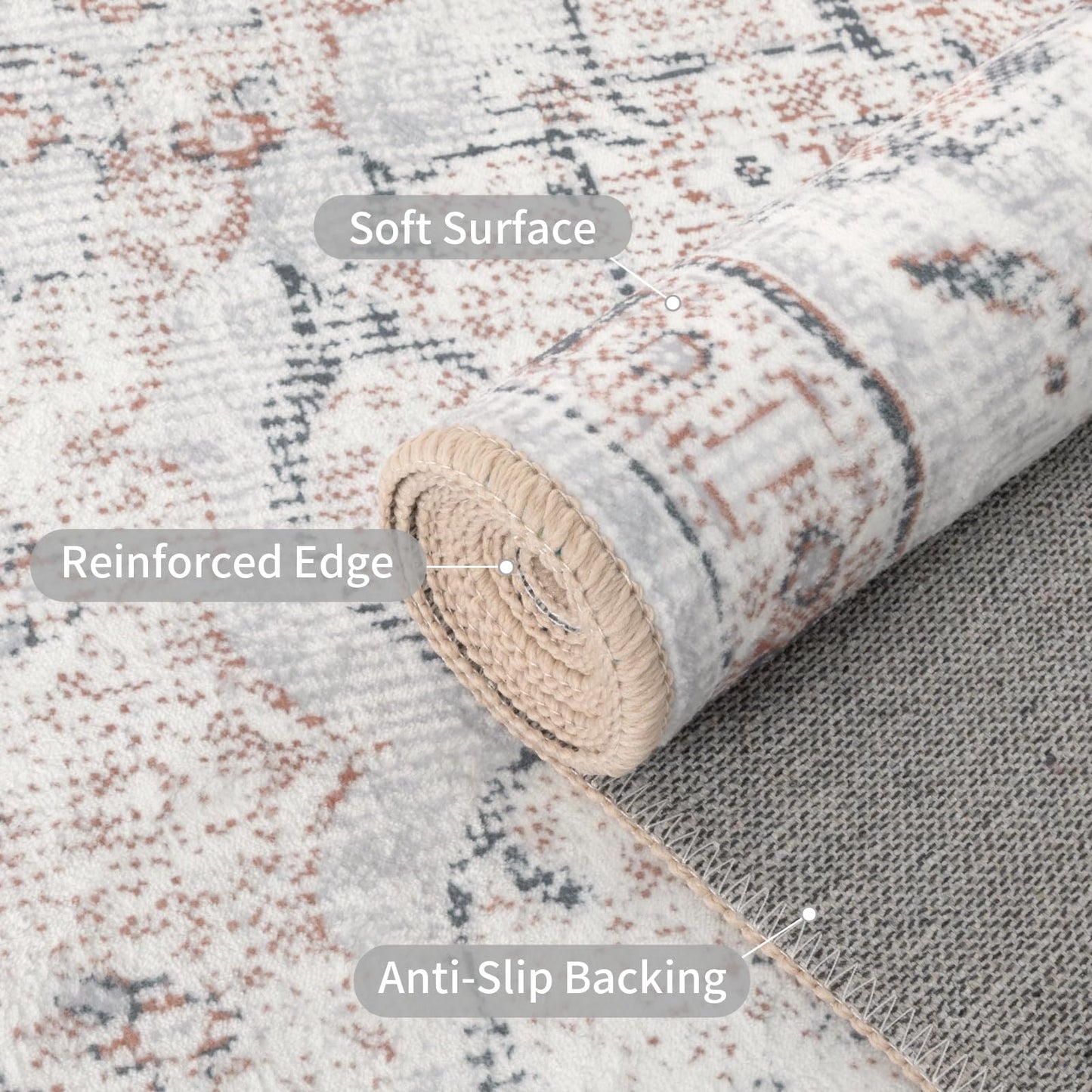 Easy-Going Area Rug 6x9 Washable Boho Rugs for Living Room Non-Slip Bedroom Rug Low Pile Lightweight Vintage Distressed Throw Rug for Dining Room Kitchen Home Office Carpet, Grey Brick