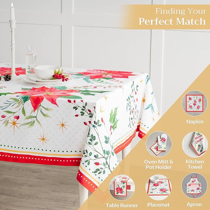Maison d' Hermine Table Cloth Rectangle Table 100% Cotton 60 x 90 Inches Fall Tablecloth Reusable Everyday Use for Thanksgiving Christmas Decorations Dining Farmhouse Party (Poinsettia Christmas)