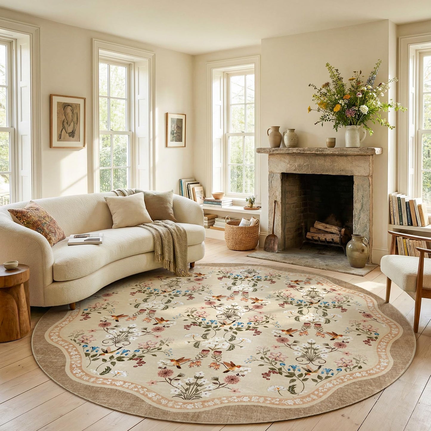 jinchan 8ft Circle Rug Floral Washable Carpet Non Slip Indoor Netural Flower Large Area Rug Round Low Pile Soft Carpet for Living Room Bedroom Dining Room Light Taupe