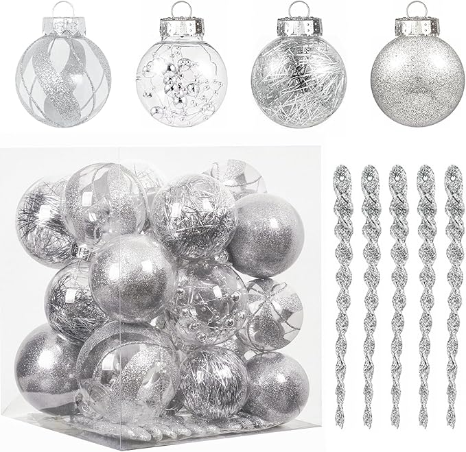 XmasExp 32ct Christmas Ball Ornaments Set -Silver Clear Plastic Shatterproof Xmas Tree Ball Decorations Hanging Baubles for Holiday Decor