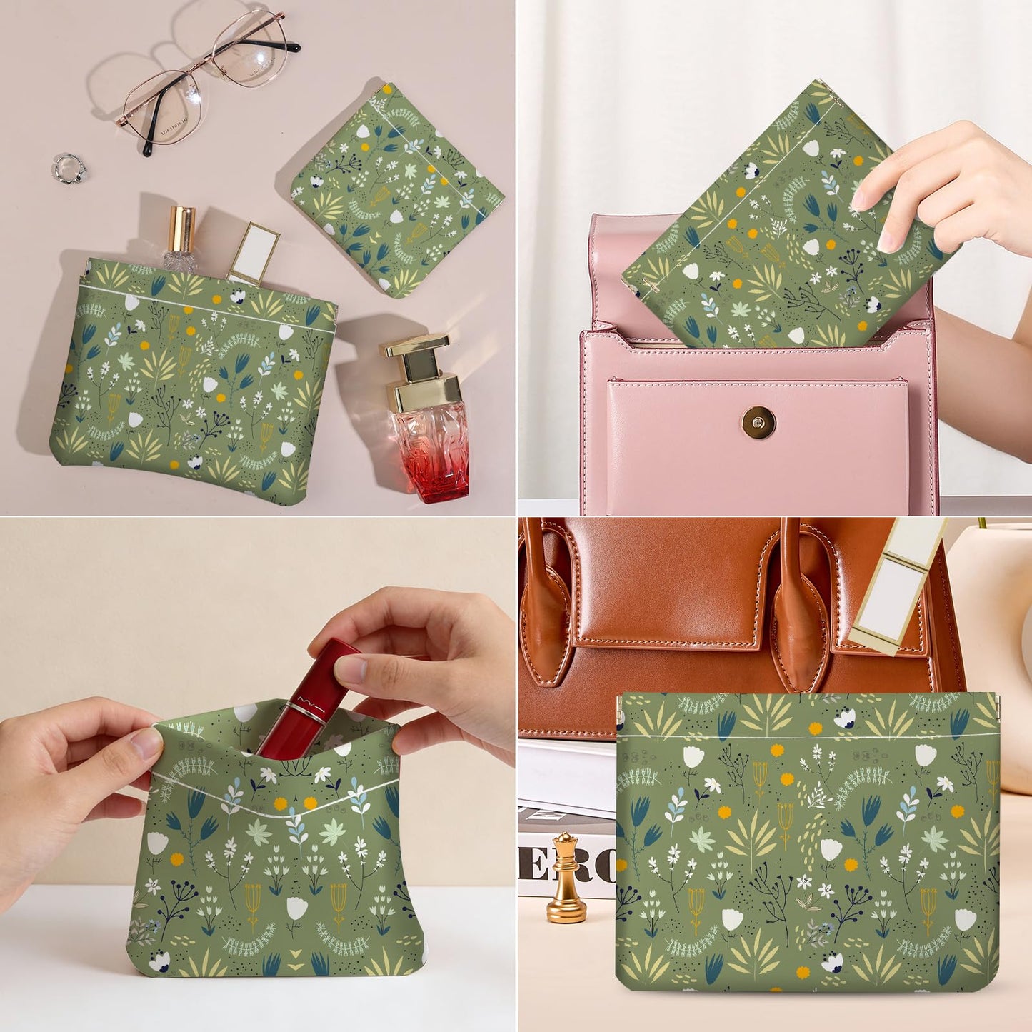 Luoycxy 2 PCS PU Leather Small Makeup Bag Set for Purse,No Zipper Self-closing Cosmetic Bag, Portable Coin Purse Lipstick Accessories Organizer Travel Toiletry Storage Pouch for Women,Green Flower