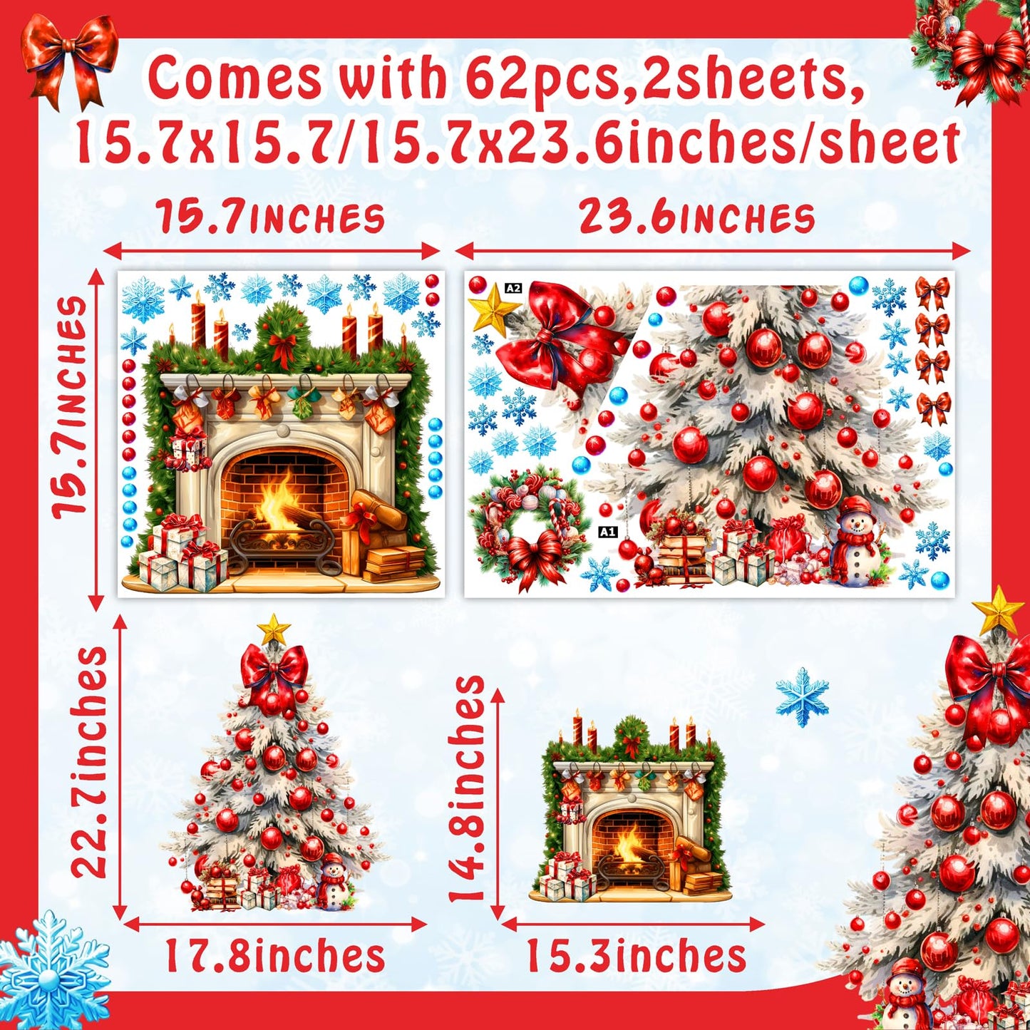 Christmas Tree Wall Stickers Xmas Fireplace Wall Decals Peel and Stick Winter Snowflake Wall Decals Winter Holiday Snow Fireplace Tree Window Decal Christmas Window Stickers Party Decorations